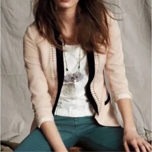 Anthropologie- Cartonnier- Cream Black Lace Trim Dera Blazer Tuxedo, Size Small